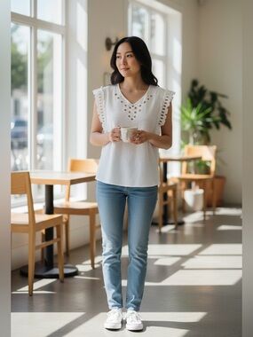 Max Studio London White Cutout Sleeveless 100% Cotton Top Large